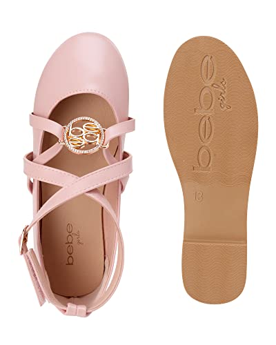 Bebe Girls' Dress Shoes - Strappy Ballet Flats With Rhinestone Medallion (Little Girl/Big Girl), Size 13 Little Kid, Light Pink #TOP5