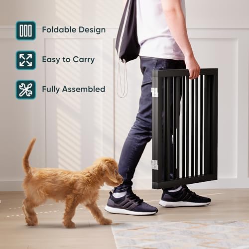 Semiocthome Freestanding Pet Gate with 2 Stands, Bamboo Dog Gates for Doorways, Foldable Indoor Puppy Gate Safety Fence for Stairs, 60cm Height-2 Panels Fully Assembled - Black - 3