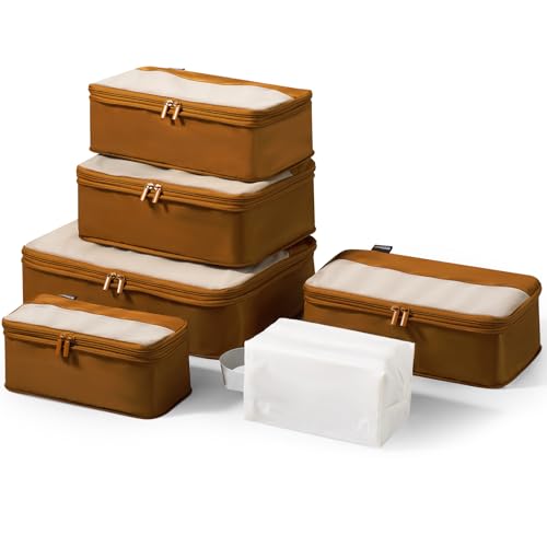 6 Set Compression Packing Cubes for Travel Essentials, Luggage Organizers for Suitcases (Dark Brown)
