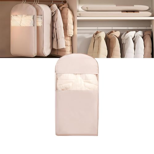Space Saving Hanging Garment Bag with Self Compression Zipper, Space Saving Closet Organizers Hanging Protector for Down Coat, Down Coat Compression Dust Cover for Closet Storage (Pink, L)