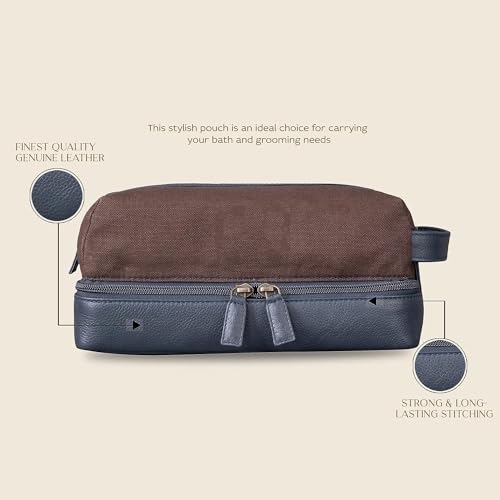 Image of Handcuffs Genuine Leather Canvas Toiletry Bag for Men, Shaving Kit Bag, Portable Travel Organizer, Pouch for Travelling - Navy Brown