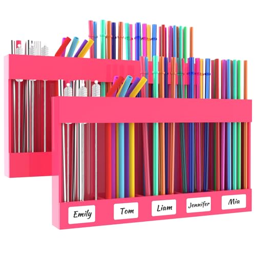 Rycid 2 Pack 9.5â€ Large Acrylic Straw Holder for Cabinet Door with Detachable Ultra Sticky Adhesive Squares and Stickers, 2026 Reusable Straws Organizer Storage Dispenser for Kitchen Counter Cupboard