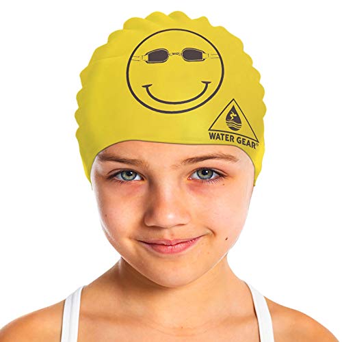 Water Gear Latex Swim Cap - Swimming Caps For Girls Long Hair - Waterproof Swimming Cap - Happy Face Black/Yellow #TOP1