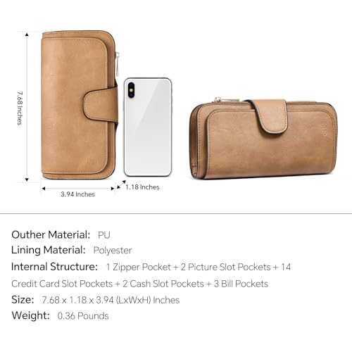 Image of CLUCI Wallet For Women PU Leather RFID Blocking Womens Wallet Bifold Card Holder with ID Window Gifts for Women Birthday, Camel, 7.68 x 1.18 x 3.94 inches, Fashion