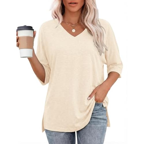 Totatuit Womens Oversized Tee Shirts Short Sleeve V Neck Blouse Side Slit Basic Tshirts Loose Fit Tunic Tops