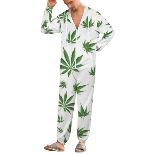 TVUGHGI Weed Pot Leaves Onesie Pajamas for Women Men Long Sleeve Fashion One-Piece Costumes Hooded Zip Up Sleepwears M