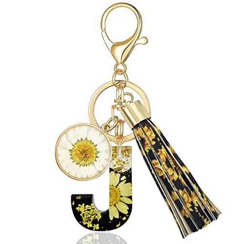 XGALBLA Alphabet Initial Letter Keychain Tassel Sunflower Initial Key Ring for Bag Charm Purse Handbags for Women Girl, Style 1- J, M