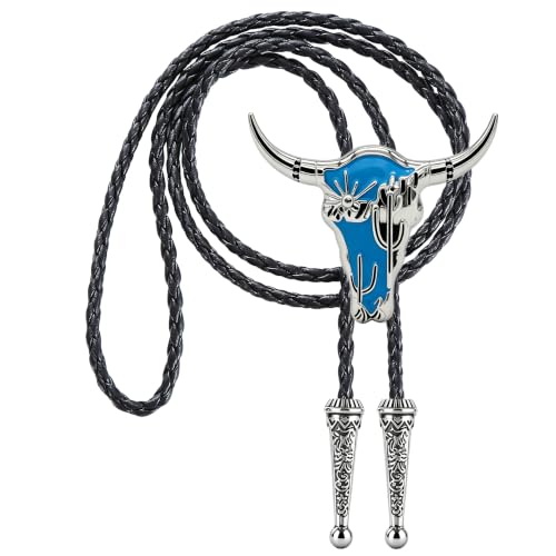Image of GelConnie Mens Western Bolo Tie Blue Longhorn Skull Cowboy Necktie Cord | Blue Longhorn Western Bolo Tie with Cactus Motif, Adjustable Faux Leather Cord for Cowboy Ties for Men and Rodeo Outfit Style