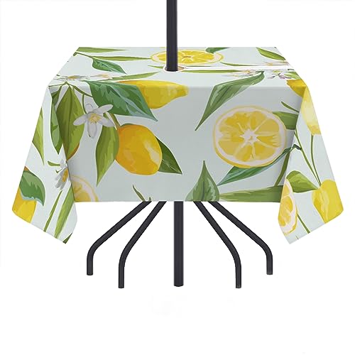 Lemon Outdoor Tablecloth with Umbrella Hole 60x60inch,Lemon Floral Patio Table Cover Fitted Tablecloth Waterproof Umbrella Square Table Cover for Party Picnic