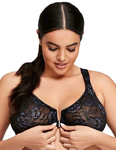 Glamorise Full Figure Plus Size Lacey T-Back Front-Closure Wonderwire Bra Underwire #9246 Black #TOP3