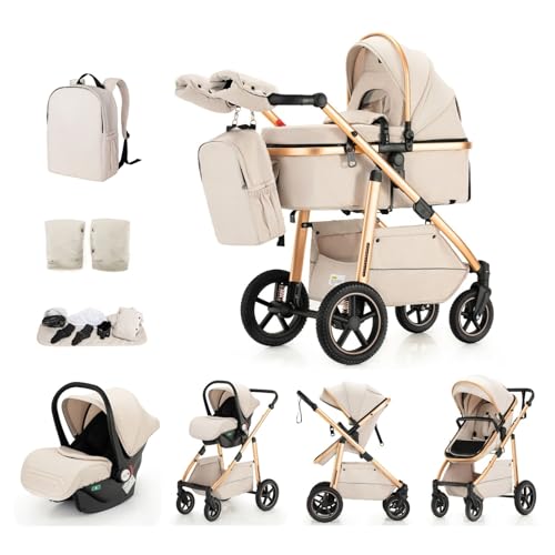 Kakbgee 3-in-1 Kinderwagen | Kombi-Kinderwagen mit Babyschale | Buggy mit Höhenverstellbarem Griff | Aluminium-Rahmen | Moskitonetz | für Neugeborene 0-4 Jahr