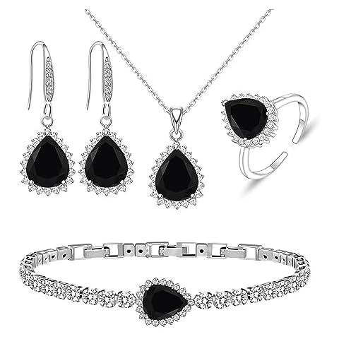 GZWHD Black Jewelry Sets for Women,Prom/Party/Wedding Jewelry,Black Earrings Necklace Open Ring Bracelet Set,Birthday Gift for Friend/Mother/Wife Cover
