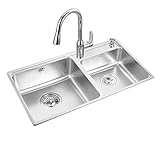 Material: Das Spülbecken besteht aus Edelstahl 304, die Oberfläche ist mattiert und korrosionsbeständig. Der Wasserhahn kann gezogen und die beiden Wasseraustrittsmodi umgeschaltet werden.
