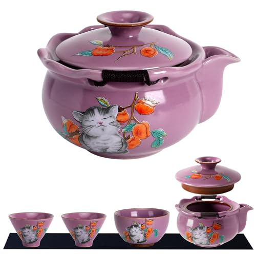 Mini Tea Cups,Cute Lucky Cat Cups,Small Tea Mugs,Porcelain Gongfu Tea set with 3 in 1,Tea Sets for Adults,Ceramic Tea Infuser Cup for Loose Leaf for Tea Lovers/Birthday (Ru Kiln Purple)