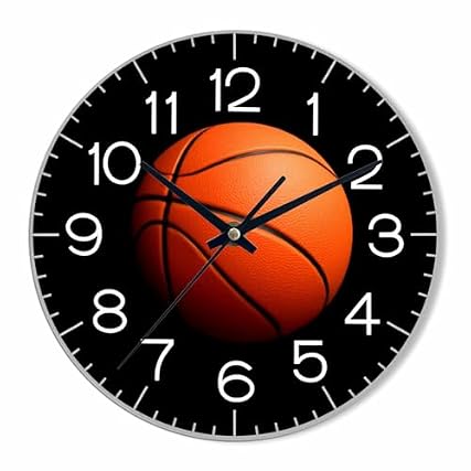 NOMEDOGYIM Large Basketball wall Clock 10 inch Round Black Background Silent Non Ticking Wood Wall
