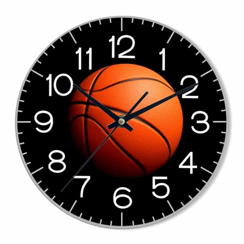 NOMEDOGYIM Large Basketball wall Clock 10 inch Round Black Background Silent Non Ticking Wood Wall