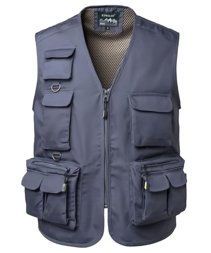KTWOLEN Gilet de Pêche Homme Multi Poches Photographe Gilet de Chasse Reporter Veste d'été Sans Manche Travail, Gris, XXL