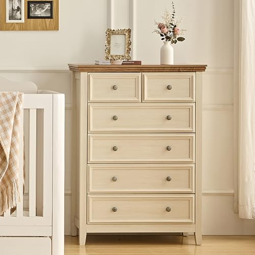BLANKSPACE Modern 6 Drawer Dresser, Dresser for Bedroom, Wood Drawer Organizer with Metal Knobs, Tall Wood Cabinet for Bedroom, Closets, Hallway, Beige