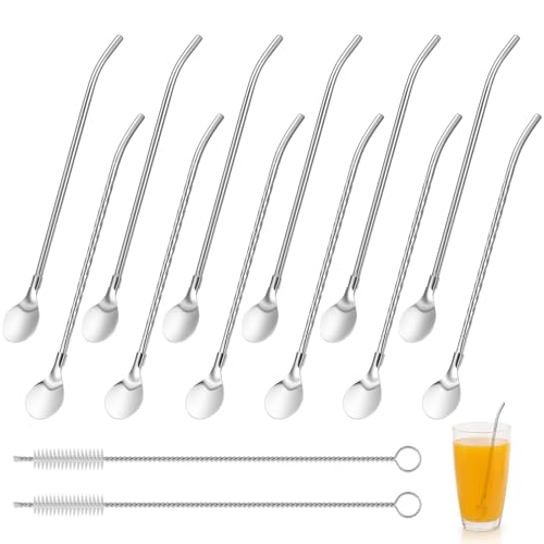 12 pajitas con cuchara, pajitas de acero inoxidable con cuchara, pajitas de metal para helado, cucharas largas para café helado, reutilizables con, para batidos, cócteles, batidos