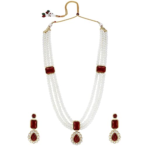 Image of Peora Crystal Faux Pearl Kundan Necklace & Jewellery Set Gift for Women