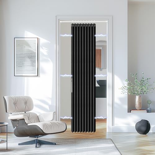 Image of AJAZZ Blackout Magnetic Door Curtain with Curtain Rods 39-52 in Length Pleated Door Curtain Folding Door Invisible Applicable Bedroom Room Living Room Doorway (1 Panel, 53 W x 78 L, Black)