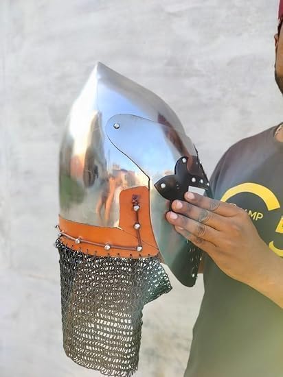 Medieval Knight Templar Helmet, Chainmail Armor with Visor, LARP Costume Accessory