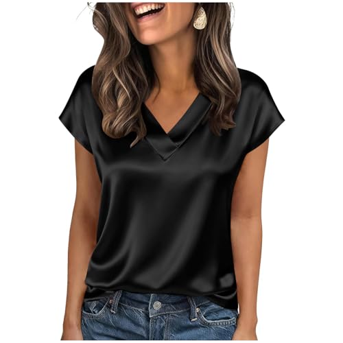 Satin T Shirt V Neck Silk Satin Short Sleeve Silk Blouse Summer Casual Office Work Shirt Classy Casual Outfits Ladies Top Blouses Ladies Tops for Party Evening Formal Occasions Black