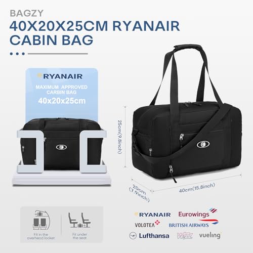 BAGZY Pieghevole Bagaglio a Mano 40x20x25 Ryanair Borsone da Viaggio Impermeabile Borsa da Cabina Borse Aereo Borsa Palestra 20L Pieghevole Borse Viaggio Borsone Sportiva per Weekend Uomo Donna - Immagine 2