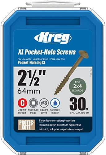 Kreg SML-C2X250-30 Protec-Kote Pocket Screws, 2-1/2 Inch #14 Coarse Thread, Maxi-Loc Head (30 Count)