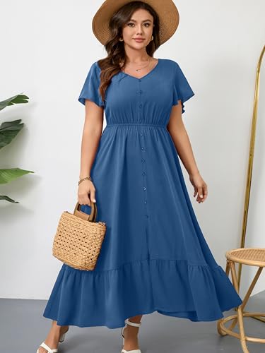 Image of RWJ Women Plus Size Maxi Dress V Neck Short Sleeve Button Trim Split Flowy Tiered Casual Long Dresses 2025 L-3XL