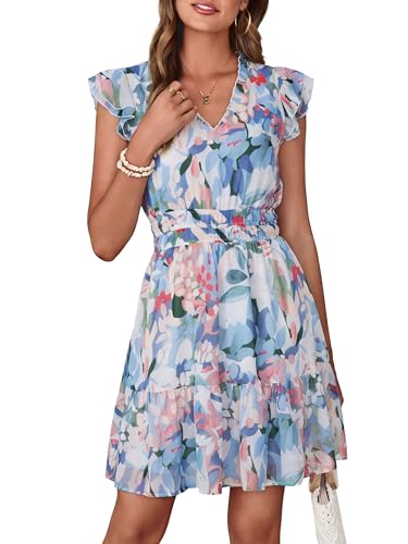 Simplee Womens Summer Casual Boho Dress Ruffle Sleeve V Neck Mini Dresses A Line Fashion Floral Flowy Vacation Sundress 2026(Blue,Small)