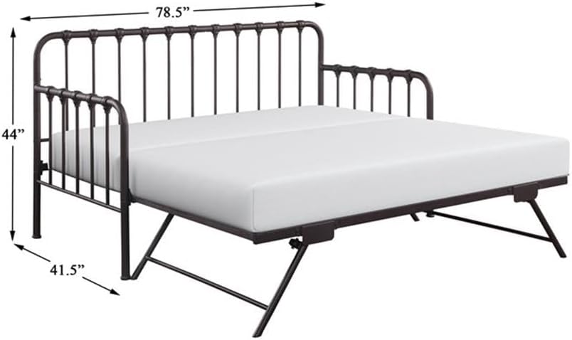 Pemberly Row Contemporary Metal Daybed with Trundle, Folding Legs and Casters, Dark Bronze Finish, Twin Size, 78.5 x 41.5 x 44 in, Bedroom Furniture for Sleeping and Storage