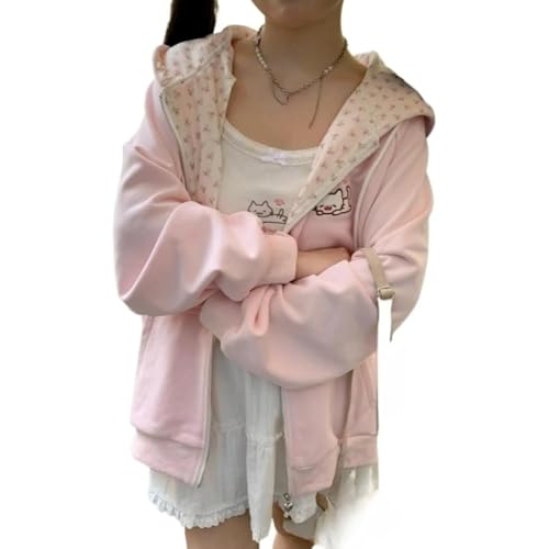 LRF Kawaii Zip Up Hoodie Cartoon Embroidery Plaid Lining