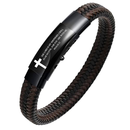 VNOX Christian Religious Gift For Men Pre-Engraved Inspirational Christian Faith Jesus God Bible Verse Quote Mens Brown Leather Bracelet,Psalm 23,Christmas Gifts For Men by VNOX - Used condition - US$12.82