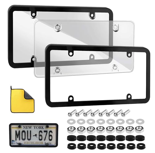 2 Pack License Plate Covers Frames : Rust-Proof Car License Plates Shields Holder -with Screw Caps - Clear License Plate Protector for US Standard Cars