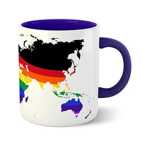 Chiraiyaa Rainbow Colorful World Map Inner Dark Blue Printed with Dark Blue Handle Ceramic Mug - 300 ml