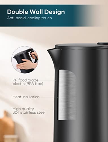 Electric Tea Kettle, Intasting Double Wall Electric Kettle With Seamless Stainless Steel Inner, 1500W Fast Heating, 1.5L Hot Water Boiler, Auto Shut-Off & Boil Dry Protection, Bpa-Free, Led Indicator (Matte Black) #TOP3