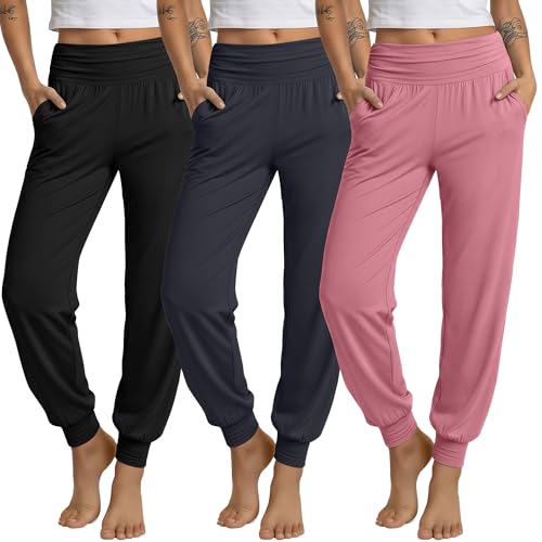 Ficerd 3 Pack Women's Lounge Pants, Cozy Yoga Joggers with Pockets High Waisted Workout Sweatpants Lightweight Comfy Pants