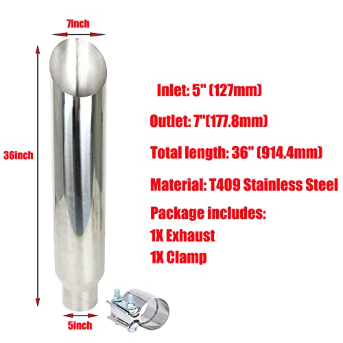 Lucasng 5" Inlet 7" Outlet Polished Stainless Miter Cut Diesel Exhaust Stack(Stack Smokers 5" Id Inlet 36" Long With Clamp) #TOP1