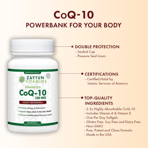 Zaytun Coq10 Highly Absorbable, Heart Health Support, Gluten Free, Essential For Energy Production, One Per Day, 60 Mini Softgels, Made In Usa - Halal Vitamins #TOP2
