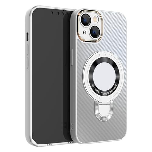 Magnetic Case for iPhone 15 Pro Max/15 Pro/15 Plus/15, Carbon Fiber Logo View Invisible Stand Cover, Plating Metal Frame Camera Lens Protection,Gray,15Plus