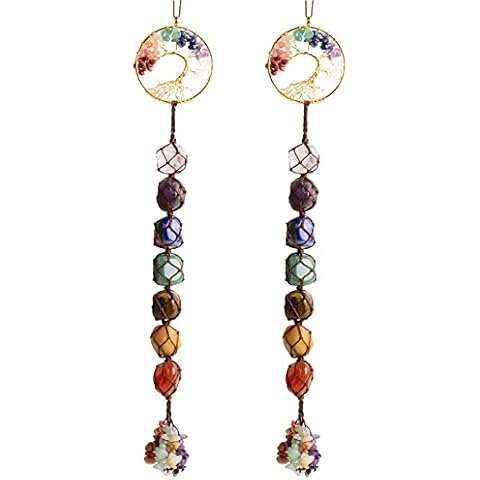 LERSUSI Tree of Life Chakra Stones Hanging Ornaments Car Rear View Mirrors Decor Healing Crystal Accessories for Home Decor Geomantic Omen 7 Chakra Meditation (2 Pcs Brown) Cover
