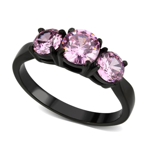 Goth Princess Round Pink 3-Stone Cubic Zirconia Cubic Zirconia CZ Engagement Ring, Black Hypoallergenic 316L Stainless Steel