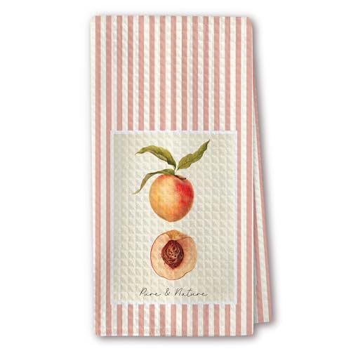 RZQIJ Cute Kitchen Towels - Peach Fruit Illustration with Slice, Pink Stripes, Absorbent Dish Towels for Kitchen, Tea Towel, Giftable Housewarming Gifts New Home - 16"x24"(253)