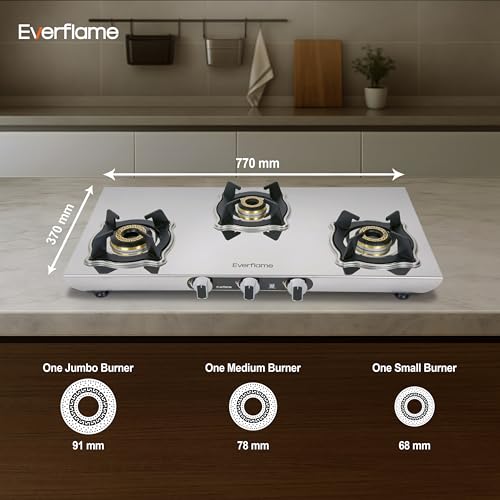 Image of Everflame Marvel 3 Burner Gas Stove | Manual Ignition | 6G Series Brass Burner | ISI Certified SS Cooktop | 5 Years Warranty on (Body & Burners) + 2 Year Comprehensive Warranty + Doorstep Service