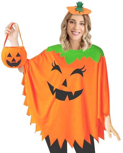 HEYFIZZ 3 PCS Pumpkin Costume for Women,Halloween Pumpkin Poncho for Adults,Halloween Costume for Women with Accessories
