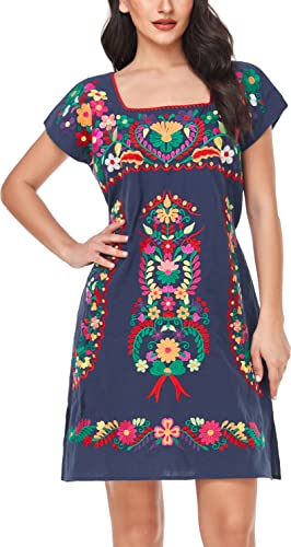 Image of YZXDORWJ Women Mexican Embroidered Dress Ruffle Collar Sleeveless