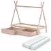 VitaliSpa Cama Tipo Tienda Tipi, Madera Natural, 90 x 200 cm Alto con 2 cajones y 2 colchones