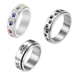 JewelryWe Fidget-angst spinner-ring voor dames: 3 stuks, zilver, roestvrij staal, angst ringenset met pootafdruk, voor huisdieren, puppy, kittens, fidget, stressvermindering, spinning ringen voor
