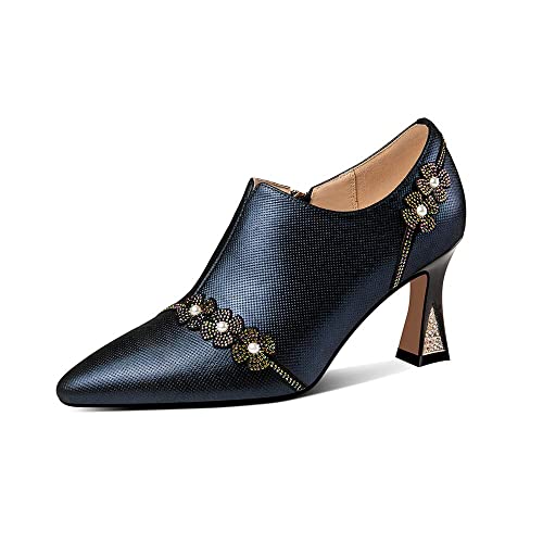TinaCus Handmade Women's Genuine Leather Rhinestones Pearls Flowers Side Zipper Pointed Toe Mid Spool Heel Pumps Shoes